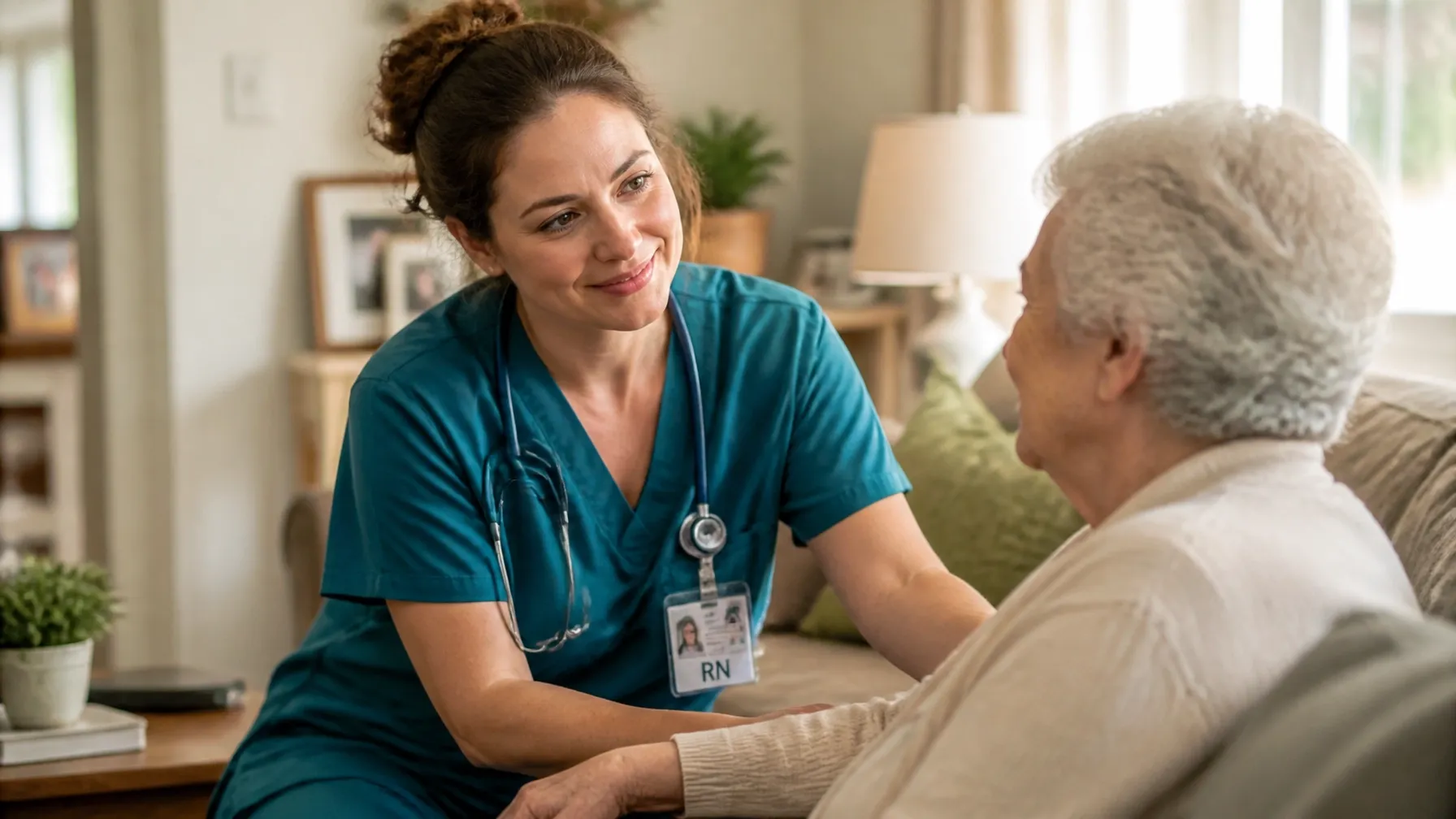 A registered nurse caring for an elderly patient at home