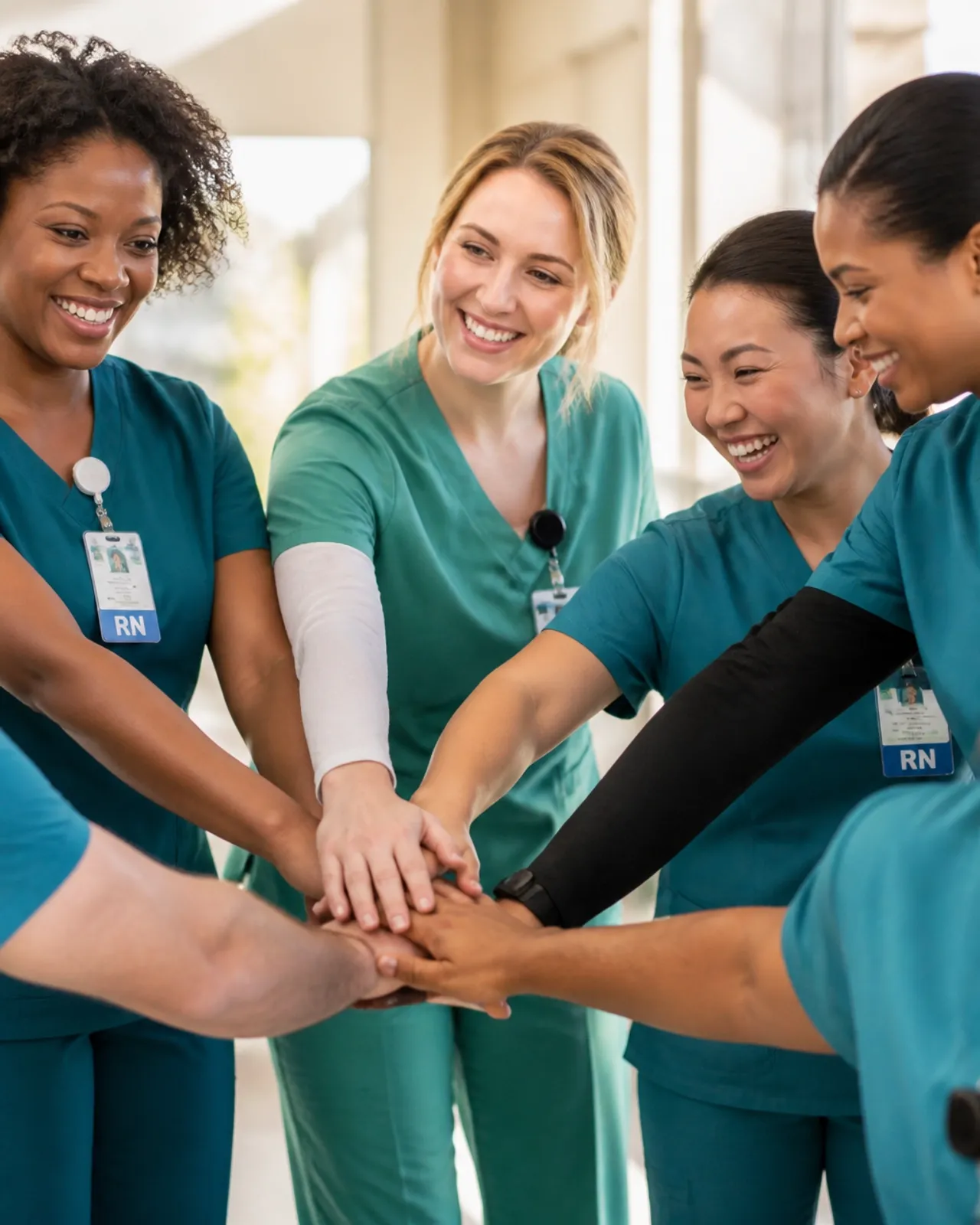 A team of nurses joining hands in support